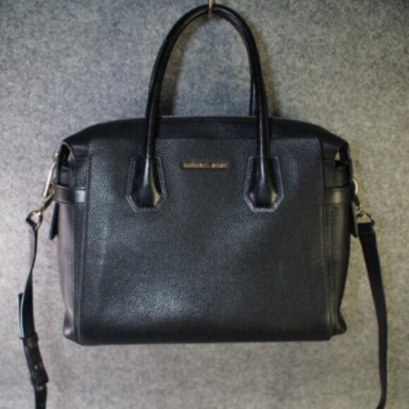 Michael Kors Mercer Belted Small Satchel Black Leather Top Handle Bag Purse - Picture 1 of 5